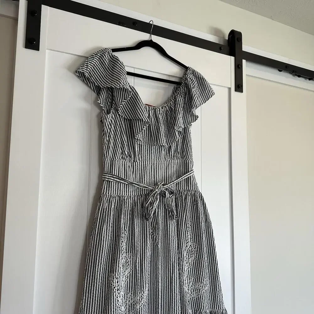 TORY BURCH Eyelet Seersucker Midi Dress Size 10 - Picture 3 of 9